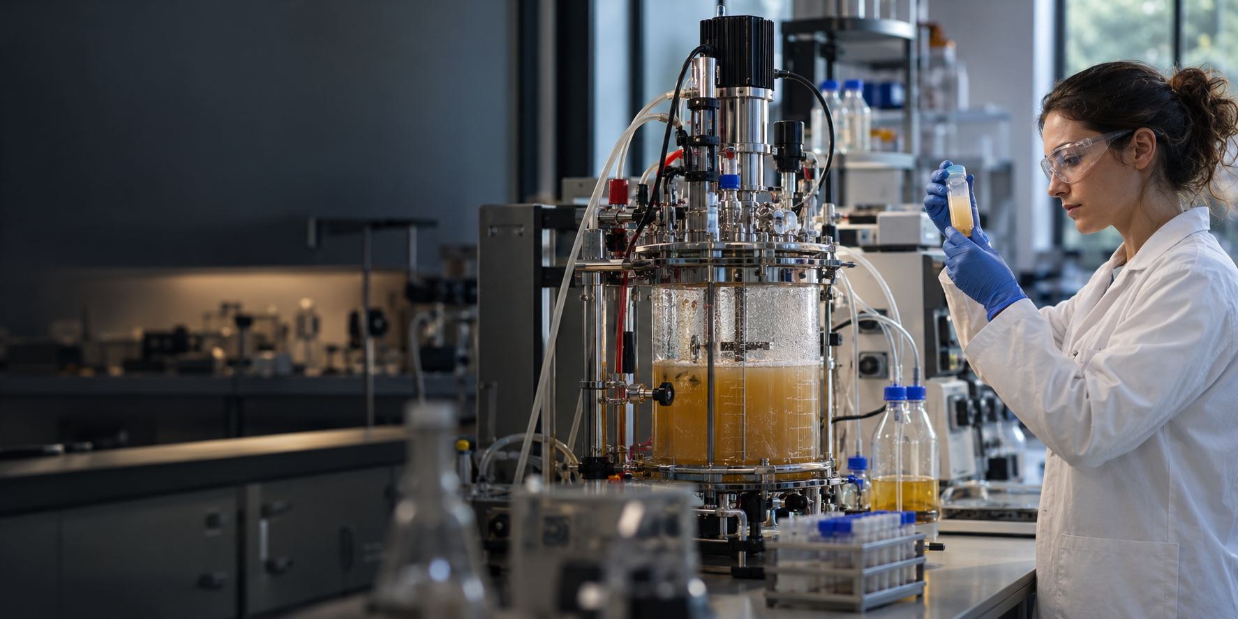 A real small-scale fermentation development laboratory with a glass stirred bioreactor, realistic probes and feed lines, a scientist checking a sample to the right